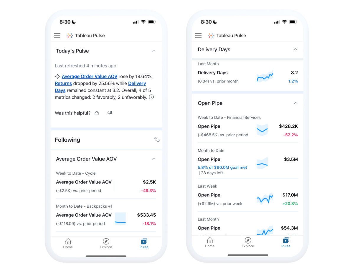 New homepage and Insights Summary pages for Tableau Pulse on Tableau Mobile with more metrics shown and more small blue sparklines