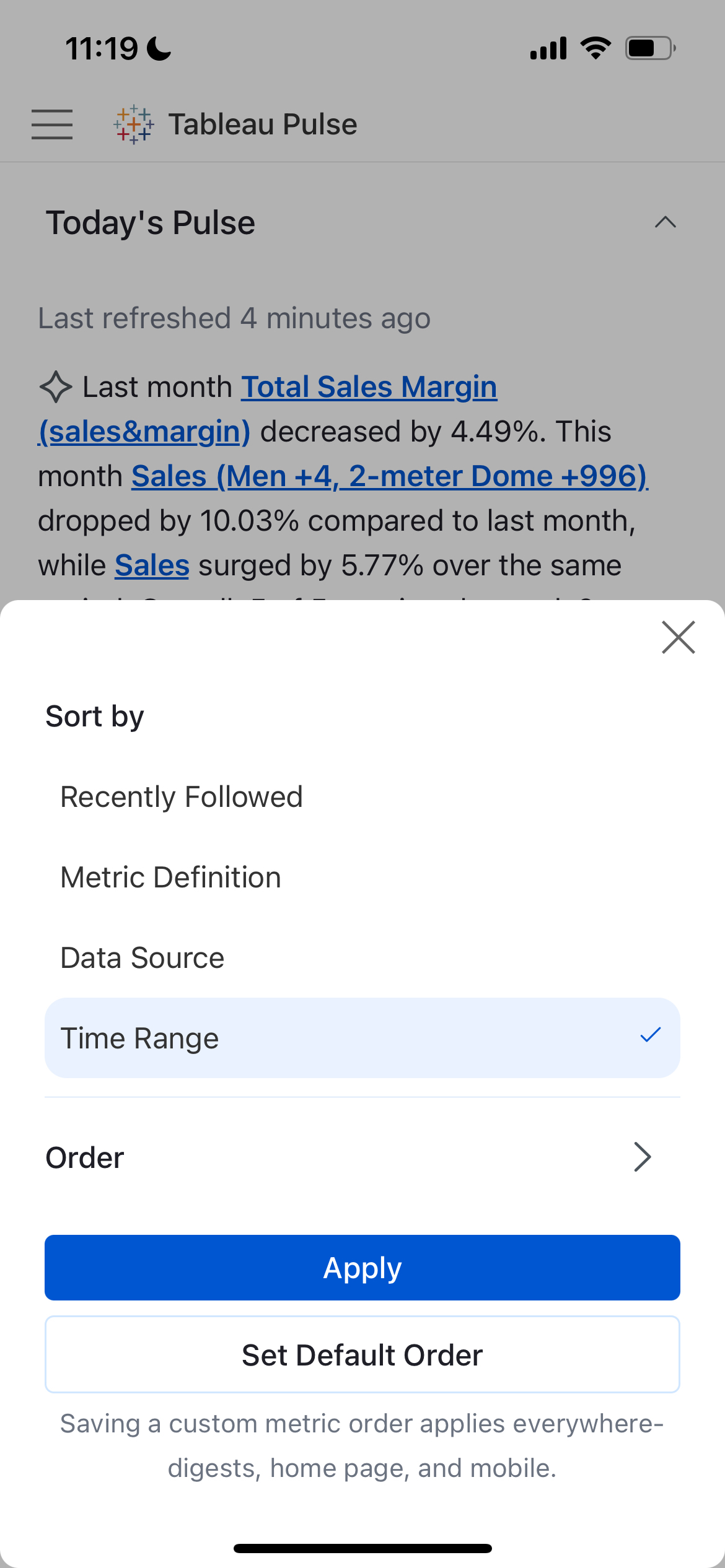 Mobile view of Tableau pulse showing a sort by menu with a blue checkmark next to Time Range