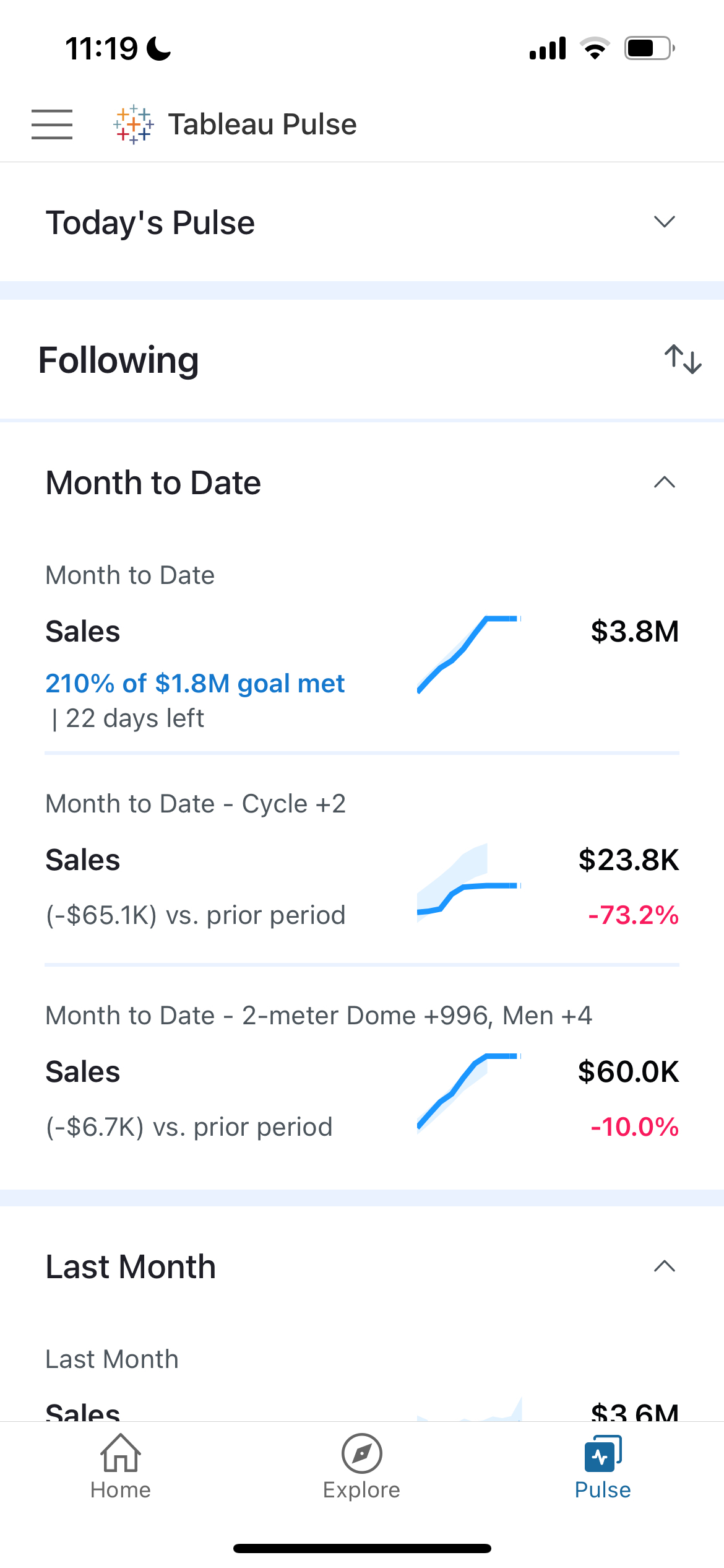 Mobile view of Tableau Pulse showing metrics grouped by time range