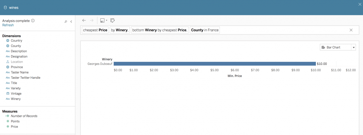 Figure 4   For the utterance “cheapest wineries in France,” the system infers a currency attribute ‘Price’ for the concept ‘cheapest’.  Ask Data infers a numeric range from the metadata for ‘Price’. Clicking on ‘cheapest’ refines the inferred numerical values.