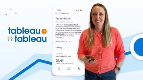 Light-skinned woman with blond hair and coral sweater appears in front of a mobile phone screen displaying Tableau Pulse insights