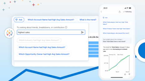 White screen with open field with text that reads "highest sales". Below field shows questions about sales performance. White mobile phone screen shows questions in blue and a green line chart going up and to the right