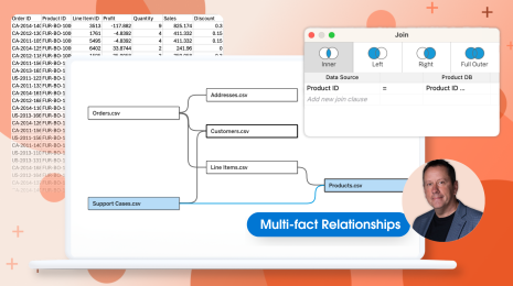 A table with product data, a window showing the Tableau join interface, and a data model using Multi-fact Relationships with a circular headshot of Kirk Munroe, a Tableau Ambassador