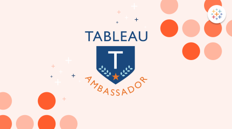 Tableau Ambassador logo with an orange blackground and scatter plots