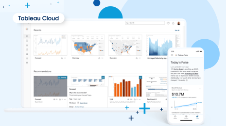 Tableau Cloud home screen in a laptop device with Tableau Pulse screen in a mobile device