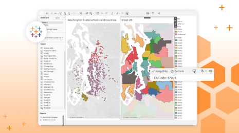 Screenshot of the Tableau interface with two dashboards each containing a map of the Puget Sound to demonstrate the spatial parameters feature, with an orange gradient background