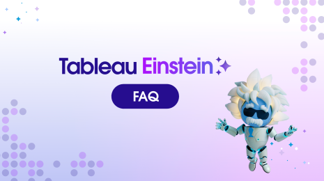 Tableau Einstein logo with text bubble saying "FAQ" and the Agentforce Einstein character all on a light purple background with scatterplot data viz art