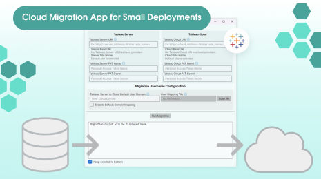 Cloud Migration App for Small Deployments user interface showing configuration settings to move a Tableau deployment from Tableau Server to Tableau Cloud, pictured with icons of a database and cloud and Tableau logo all on a mint green gradient background